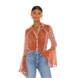 Free People Serena Printed Blouse Bell-Sleeve Shirt Top Dark Orange M, $98 NWT